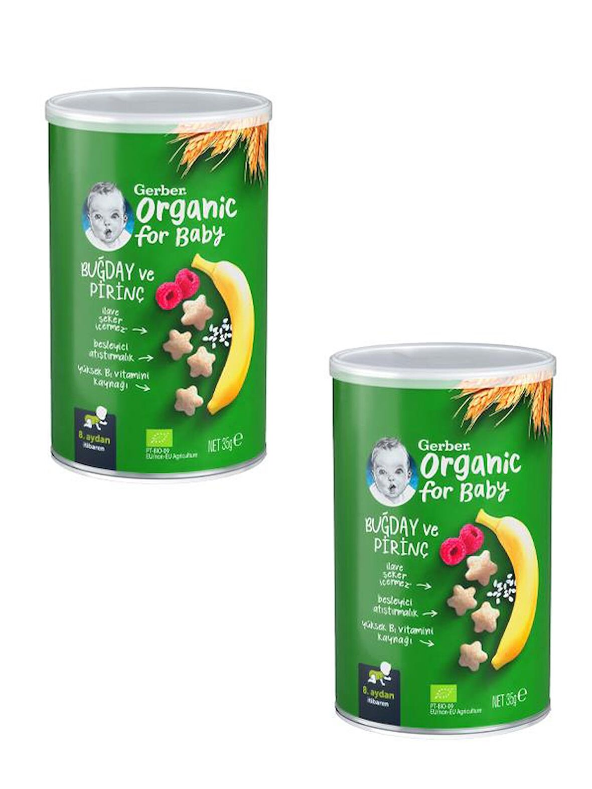 Gerber Organik Pirinçli, Buğdaylı, Muzlu ve Ahududulu  Bebek Atıştırmalığı 35 gr x 2 Adet